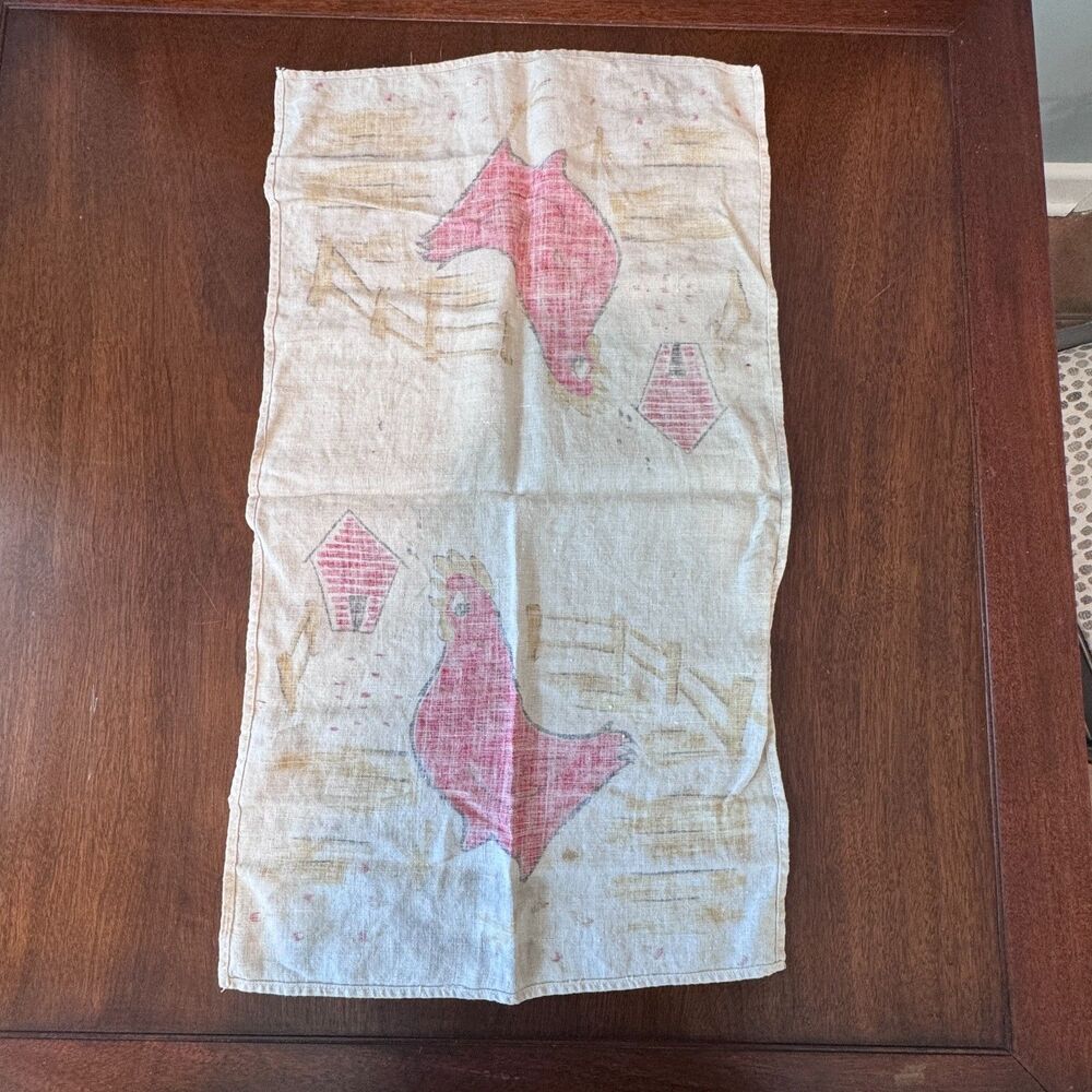 Vtg MCM Rooster Linen Tea Towel 1950s 1960s Folk Art Farmhouse Kitchen Decor - Picture 2 of 6